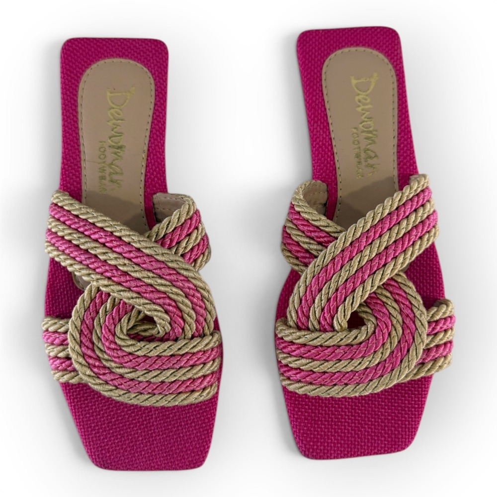 DeWoman Footwear Pink Gold Knotted Rope Square Toe Slide Sandals Womens 35